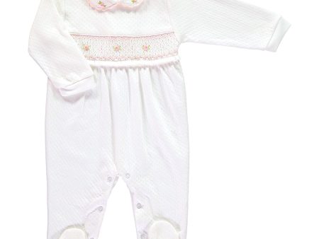 MINI-LA-MODE - Pink Frill Jacquard Smocked Footsie - White Online