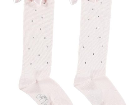 A DEE - Bow Diamante Knee High Socks  - Pink on Sale