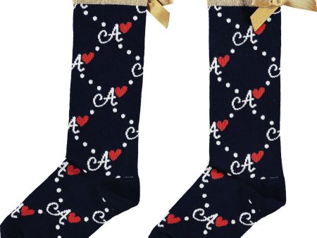 A Dee - Bow Logo Print Knee High Socks - Navy Online