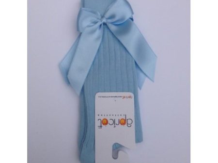 APRICOT - Ribbed Knee High Bow Sock - Baby Blue Online now