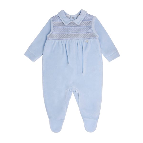 BLUES BABY - Smocking Velour Babygrow - Blue Online now