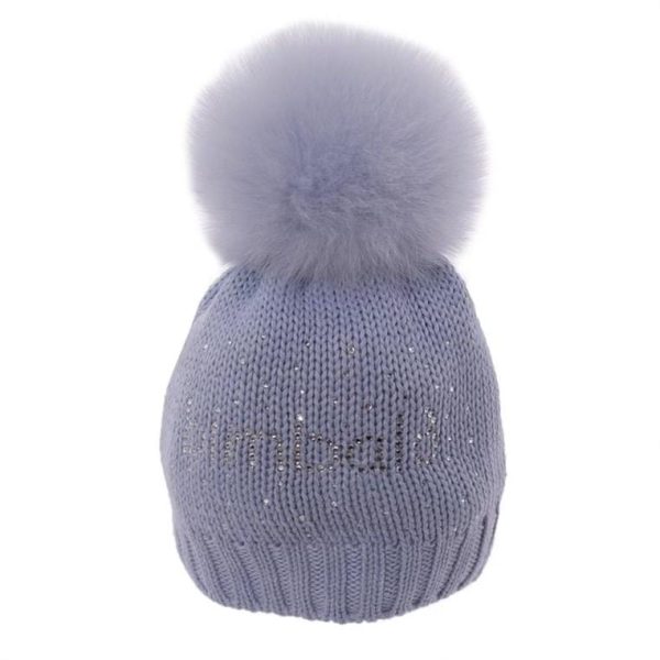 Bimbalo - Pom Pom Fur Knit Hat  - Baby Blue Hot on Sale