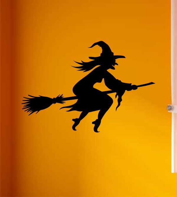 Witch Flying Broom Wall Decal Home Decor Vinyl Art Sticker Holiday October Halloween Trick or Treat Pumpkin Ghost Scary Skull Kids Boy Girl Family Hot on Sale