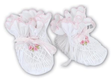 SARAH LOUISE - Smocked And Hand Embroidered Booties - White Pink Online